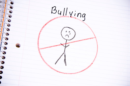 A drawing of a stick figure crying with anti-bullying messaging drawn around it