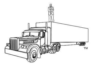 Line drawing of Louisiana truck accident attorney Gordon McKernan standing on a big truck
