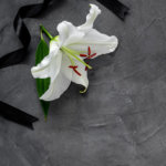 Lily funeral flower on dark stone. Condolence card with copy space.