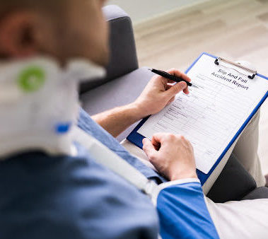 An injured man in a sling and neck brace filling out a slip and fall accident report