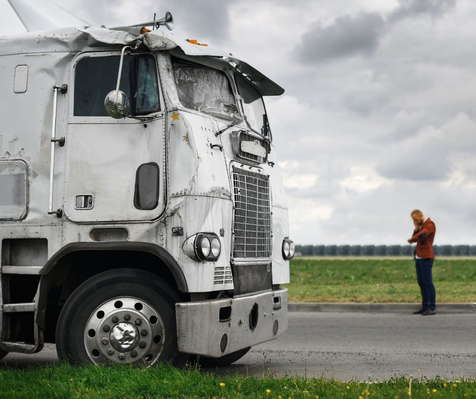 A man calling for help next to his wrecked semi truck