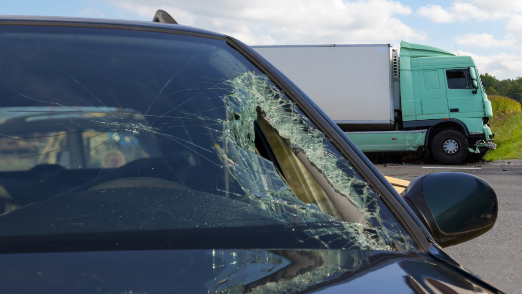 The broken windshield of a car and the semi truck that it was in an accident with in the background