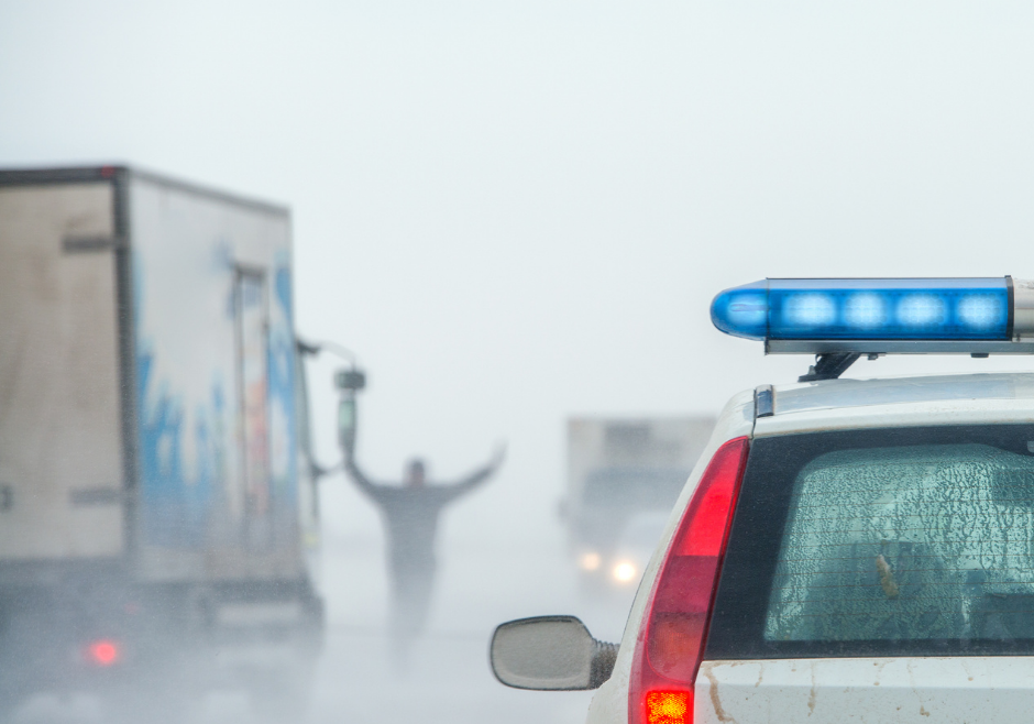 A trucker in a rainstorm flags down a police car 