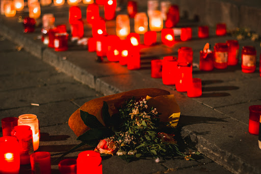 Flowers and candles on the street. A memorial to someone killed in Lake Charles, Louisiana.