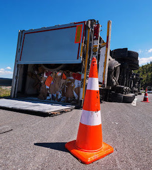 An orange road cone in front of a semi truck on its side in the middle of the street