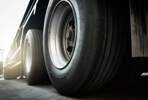 FedEx truck wheels, close up.