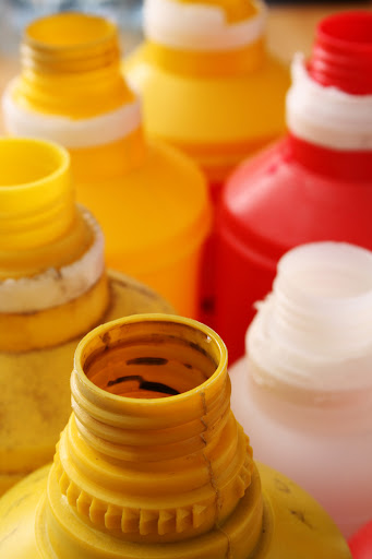 Open bottles of toxic household substances.