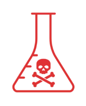 A red icon of a toxic substance, a beaker with a scull and crossbones.