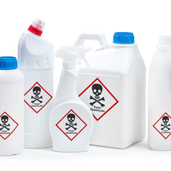 chemical bottles, labeled toxic, that can cause chemical burns