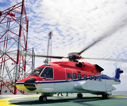 A helicopter on an offshore platform