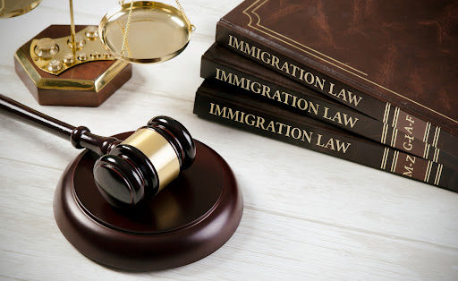 A gavel, the scales of justice, and immigration law books