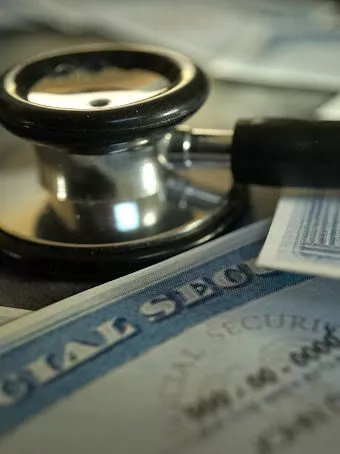 A stethoscope resting next to a social security card