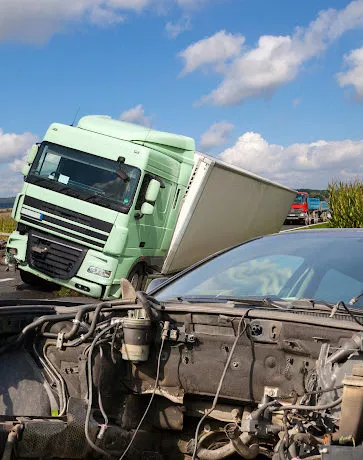 accidente de camión y coche en la autopista con la parte delantera del coche aplastado