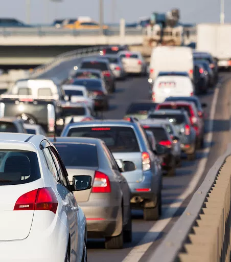 Long lines of cars stuck in a traffic jam near Baton Rouge