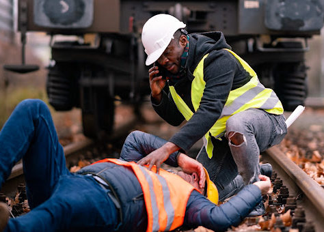 An injured railroad employee lies on the train tracks as his coworker calls for help