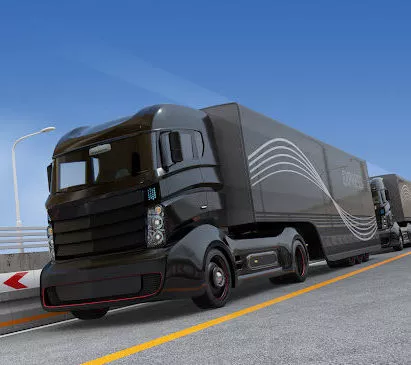 A fleet of black self driving semi trucks crossing a bridge