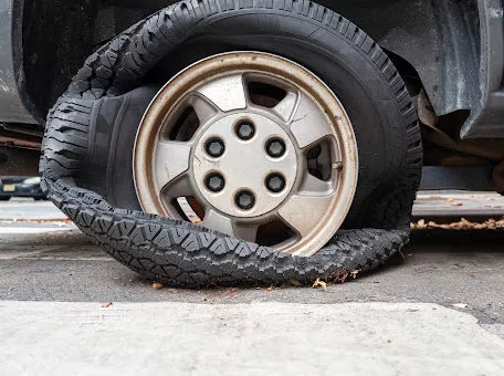 A deflated tire on an automobile