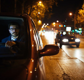 A man watches for traffic before pulling out of a parking spot at nighttime