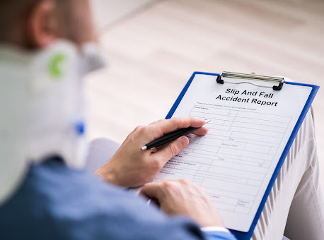 A person wearing a neck brace while filling out a slip and fall accident report