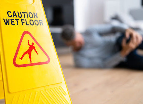 A yellow wet floor sign in front of a man holding his knee after slipping and falling