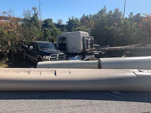 The aftermath of a truck accident on I-10 between Lake Charles and Sulphur, Louisiana