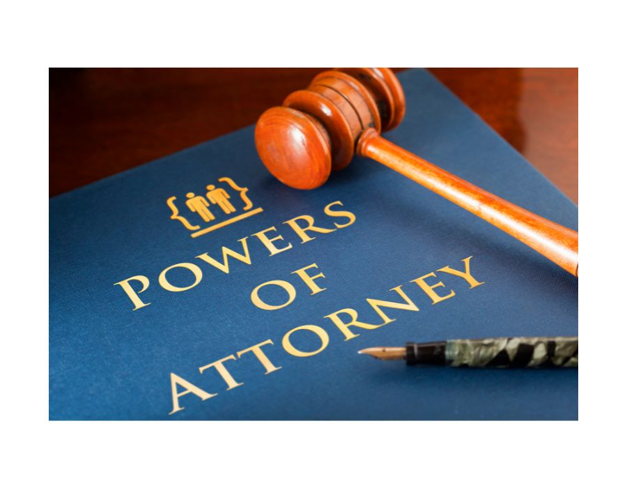 powers of attorney blue folder with a gavel and pen on top