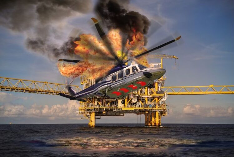 Helicopter crashing from offsite oil rig explosion