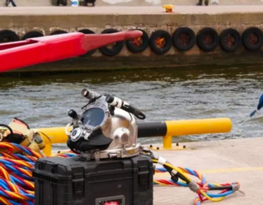 welding helmet on a ship dock with equipment and rope