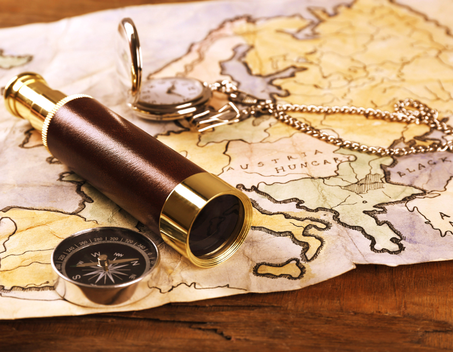map and telescope and compass