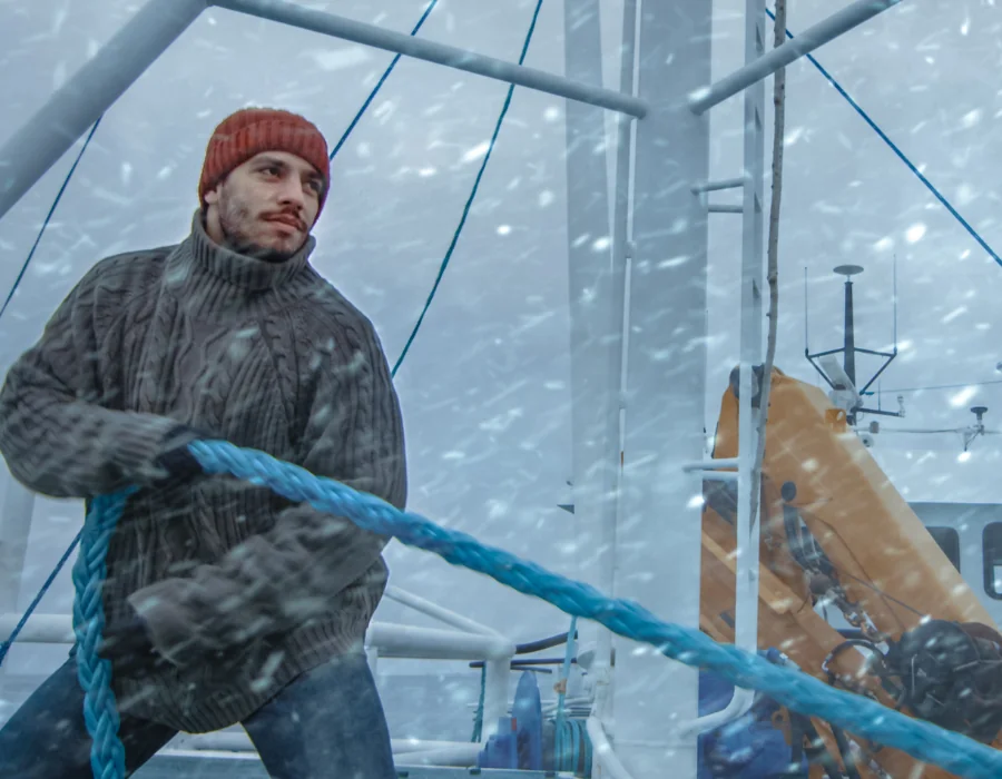 seaman pulling rope in the middle of a storm