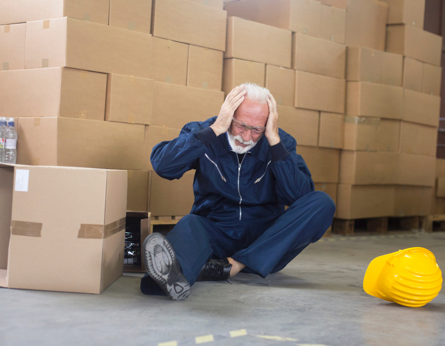 male worker on ground holding head from head injury