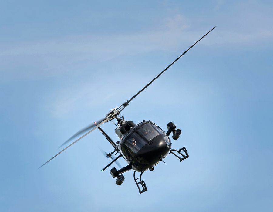 black helicopter flying sideways in blue skies