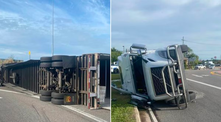 camión volcado en la I-12 cerca de hammond