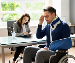 man in a wheel chair wearing an arm cast and a neck brace talking with a Baton Rouge Catastrophic Injury Lawyer