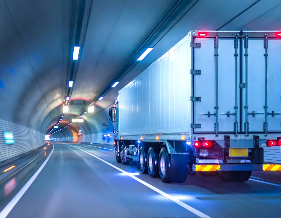semi-truck speeding through tunnel