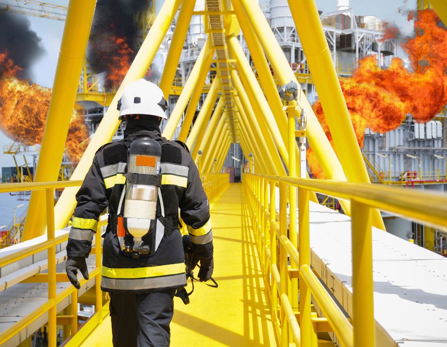 fire fighter running to put out refinery fire