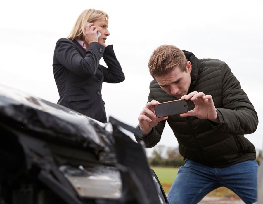 man taking picture of car accident for insurance