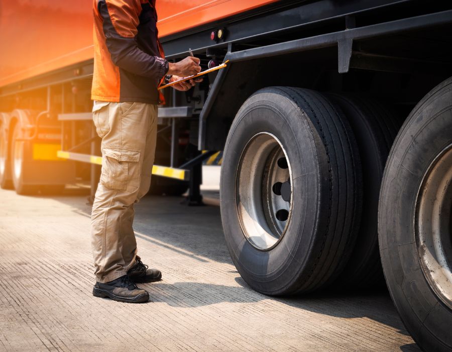 worker inspecting 18-wheeler to meet safety guidelines