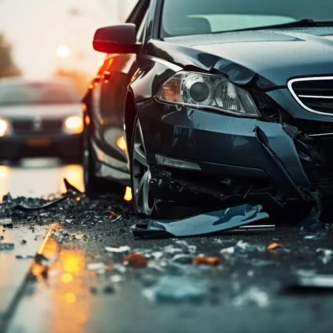 Broken car in an accident. Crash on the road. Background with selective focus and copy space Broken car in an accident.