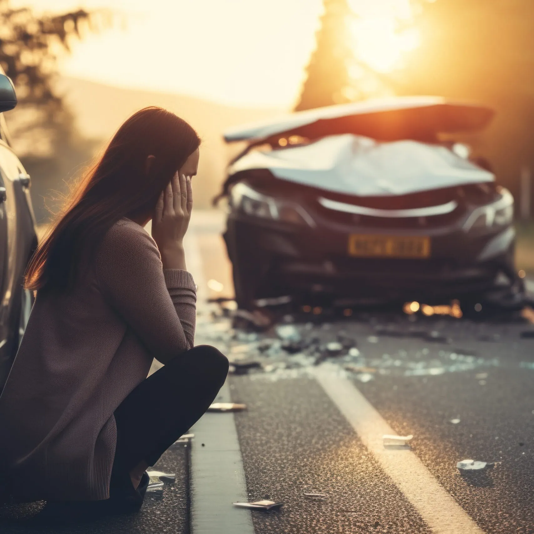 A female motorist has a car accident asking for roadside assistance or an insurance company standing on the road after a car accident.