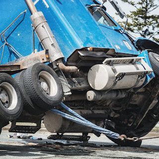 A semi is righted after rolling over on a sharp corner. Semi truck accident turning sharp corner