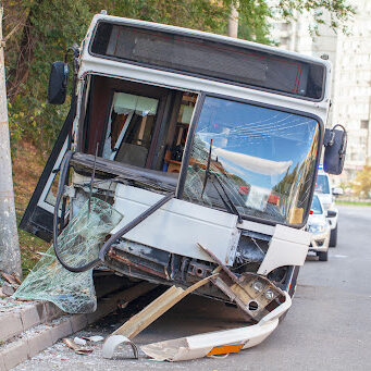 Road accident, accident with a passenger city bus, the bus crashed into a pole accident with a passenger city bus